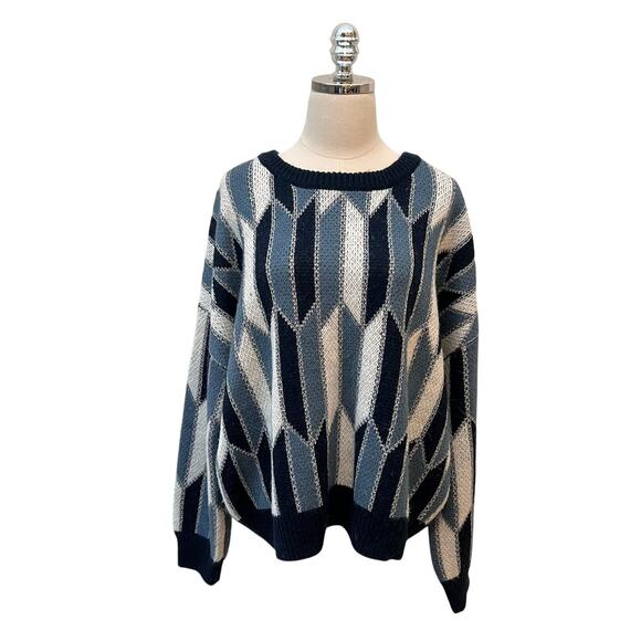 Vintage 90s Y2K Geometric Print Pullover Sweater size XXL Blue and White - Picture 1 of 8